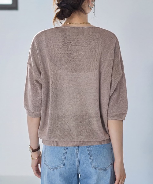 STYLE DELI(スタイルデリ)の「リネン混シアー編み5分袖Vネックニット(ニット/セーター・レディース・モカ/オートミール・FREE)」の8枚目の写真