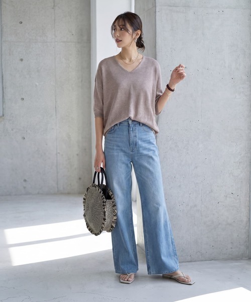 STYLE DELI(スタイルデリ)の「リネン混シアー編み5分袖Vネックニット(ニット/セーター・レディース・モカ/オートミール・FREE)」の9枚目の写真