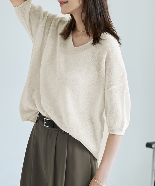 STYLE DELI(スタイルデリ)の「リネン混シアー編み5分袖Vネックニット(ニット/セーター・レディース・モカ/オートミール・FREE)」の11枚目の写真
