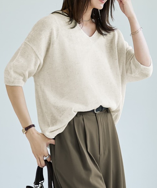 STYLE DELI(スタイルデリ)の「リネン混シアー編み5分袖Vネックニット(ニット/セーター・レディース・モカ/オートミール・FREE)」の15枚目の写真