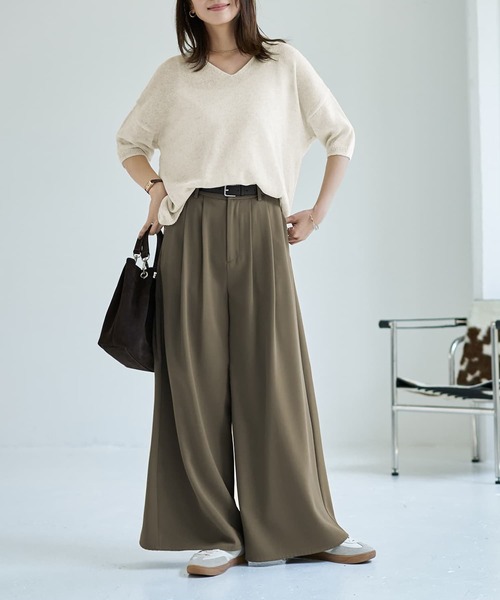 STYLE DELI(スタイルデリ)の「リネン混シアー編み5分袖Vネックニット(ニット/セーター・レディース・モカ/オートミール・FREE)」の16枚目の写真