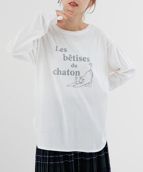 refinedworks（リファインドワークス）の「【refinedworks】猫プリント が可愛い ロンT（Tシャツ/カットソー・レディース・ブラック/ホワイト・FREE）」の2枚目の写真