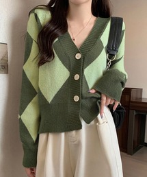 DAY CLOSET | 【ドラマ衣装提供/小顔見せVネック】長袖ショート丈ダイヤ柄ニットカーディガン レディース(カーディガン/ボレロ)