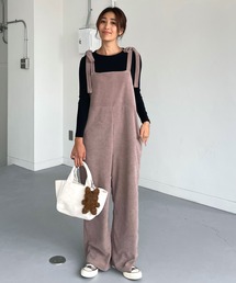 肩紐リボンベロアサロペットパンツ