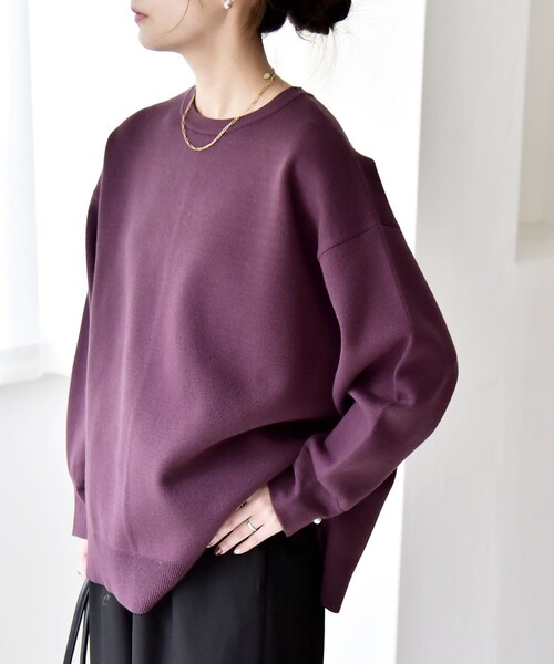 STONE  パープルニットセーター セール】 無地/ボーダーアソートもちもちニット（オフホワイト/グレー