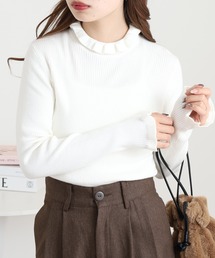 Ree&Mee 洗濯機で洗える ふんわり やさしい着心地 ミルキーニット バルーン袖 フリル ネック リブ ニット