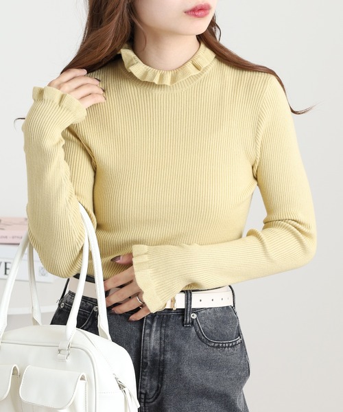 Ree&Mee(リーアンドミー)の「Ree&Mee 洗濯機で洗える ふんわり やさしい着心地 ミルキーニット バルーン袖 フリル ネック リブ ニット(ニット/セーター・レディース・イエロー/レッド/ブラック/オフホワイト/ベージュ・M/L)」の17枚目の写真