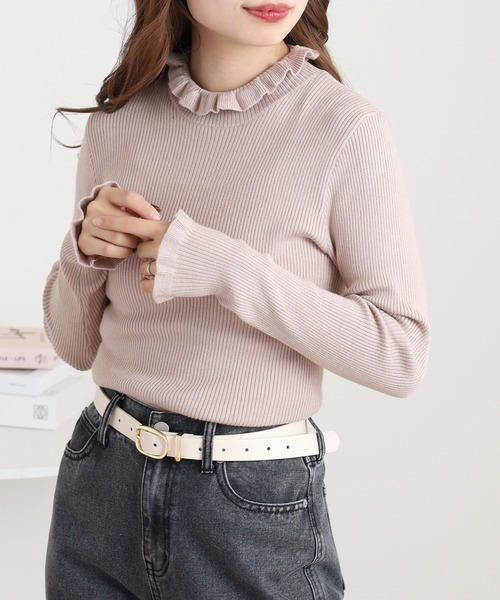 Ree&Mee(リーアンドミー)の「Ree&Mee 洗濯機で洗える ふんわり やさしい着心地 ミルキーニット バルーン袖 フリル ネック リブ ニット(ニット/セーター・レディース・イエロー/レッド/ブラック/オフホワイト/ベージュ・M/L)」の12枚目の写真