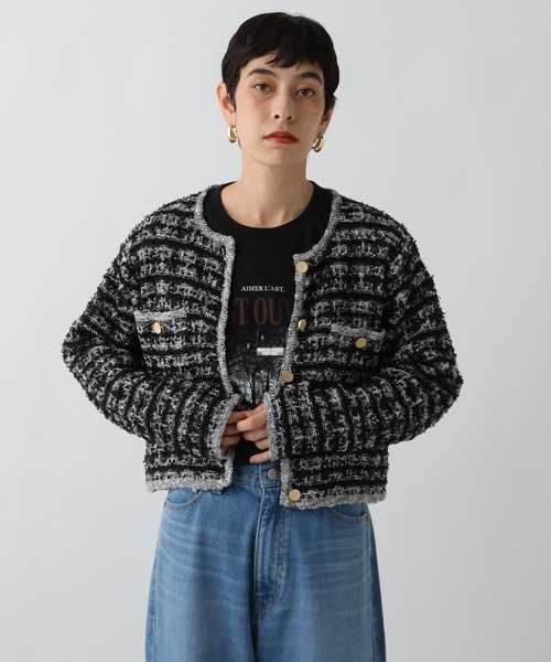 studio CLIP(スタディオクリップ)の「《ウタオ》ニットジャケット(ノーカラージャケット・レディース・ブラック/グレー・FREE)」の10枚目の写真