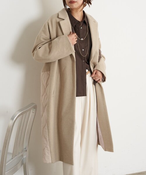 ベージュ キルティング ロングコート スリーフォータイム Three Four Time パターンMIXキルティングロング