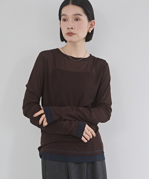 hunch(ハンチ)の「パワーネット 配色 レイヤード シアートップス(Tシャツ/カットソー・レディース・ベージュ/ブラック/ダークブラウン/グレー/ブラック系その他/オフホワイト・FREE)」の5枚目の写真