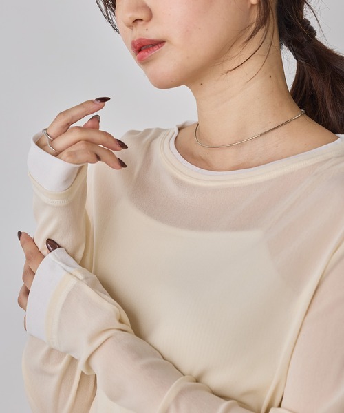 hunch(ハンチ)の「パワーネット 配色 レイヤード シアートップス(Tシャツ/カットソー・レディース・ベージュ/ブラック/ダークブラウン/グレー/ブラック系その他/オフホワイト・FREE)」の6枚目の写真