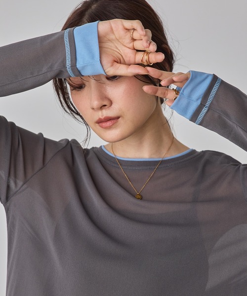 hunch(ハンチ)の「パワーネット 配色 レイヤード シアートップス(Tシャツ/カットソー・レディース・ベージュ/ブラック/ダークブラウン/グレー/ブラック系その他/オフホワイト・FREE)」の4枚目の写真