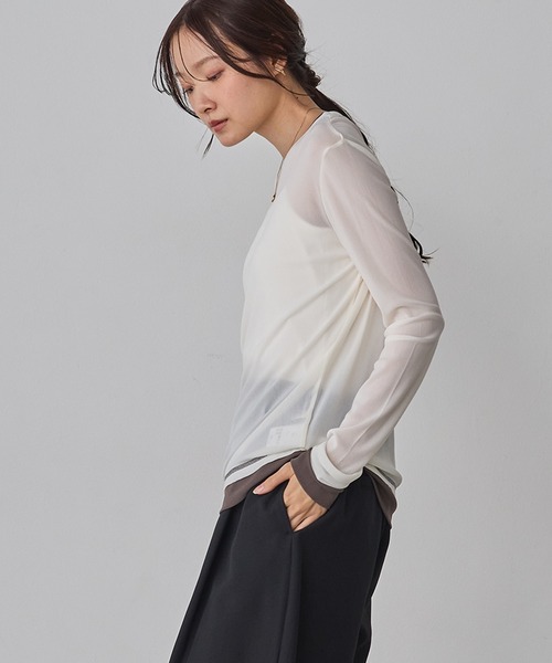 hunch(ハンチ)の「パワーネット 配色 レイヤード シアートップス(Tシャツ/カットソー・レディース・ベージュ/ブラック/ダークブラウン/グレー/ブラック系その他/オフホワイト・FREE)」の14枚目の写真