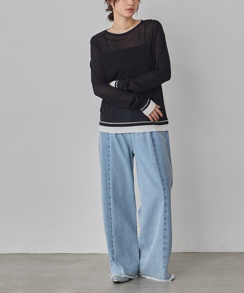 hunch(ハンチ)の「パワーネット 配色 レイヤード シアートップス(Tシャツ/カットソー・レディース・ベージュ/ブラック/ダークブラウン/グレー/ブラック系その他/オフホワイト・FREE)」の8枚目の写真