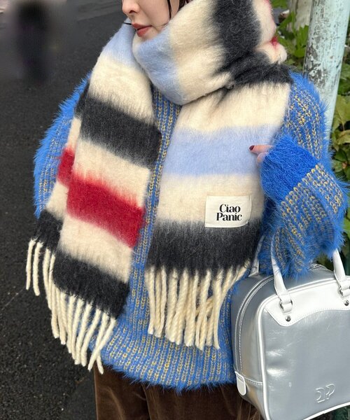 CIAOPANIC(チャオパニック)の「ボーダーアソートフリンジボリュームマフラー(マフラー・レディース・その他/ブラック/ローズ/ライム/ピンク/ブラウン/ホワイト/バイオレット/イエロー/パープル/レモンイエロー/ブルー/グリーン/モカ/マスタード/ミント/オレンジ/サーモンピンク・FREE)」の2枚目の写真