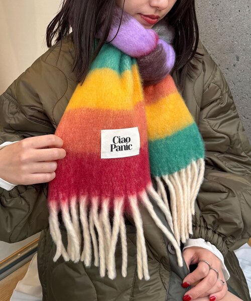 CIAOPANIC(チャオパニック)の「ボーダーアソートフリンジボリュームマフラー(マフラー・レディース・その他/ブラック/ローズ/ライム/ピンク/ブラウン/ホワイト/バイオレット/イエロー/パープル/レモンイエロー/ブルー/グリーン/モカ/マスタード/ミント/オレンジ/サーモンピンク・FREE)」の1枚目の写真