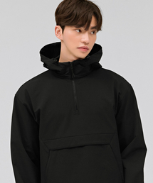共用ストレッチ裏起毛フードアノラックTシャツ-ブラック