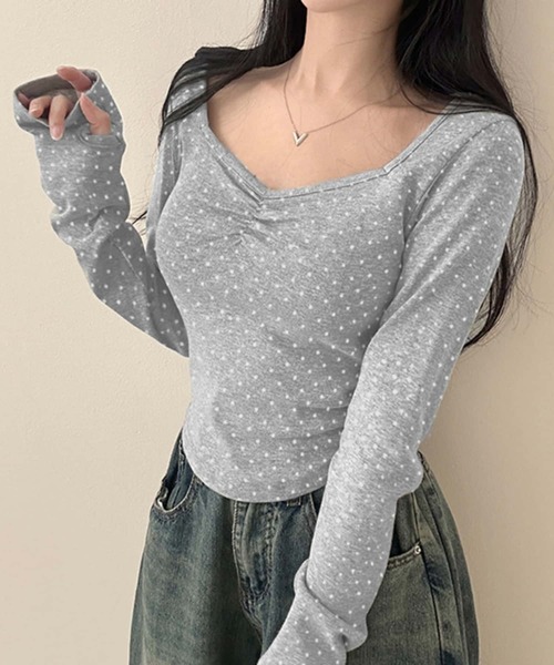 MAISON DE THERESE(メゾン ド テレーズ)の「ドット水玉柄Vネック長袖Tシャツ ロン T(Tシャツ/カットソー・レディース・グレー/ホワイト・M)」の2枚目の写真