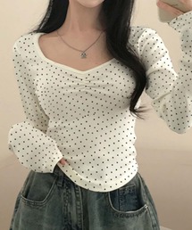 ドット水玉柄Vネック長袖Tシャツ ロン T