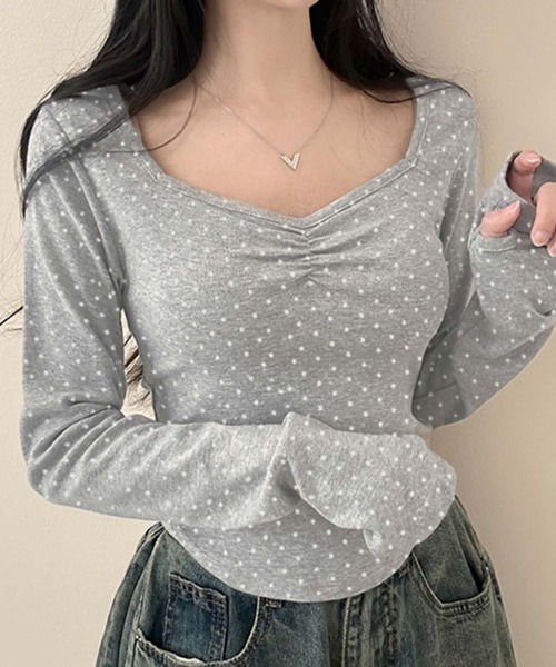MAISON DE THERESE(メゾン ド テレーズ)の「ドット水玉柄Vネック長袖Tシャツ ロン T(Tシャツ/カットソー・レディース・グレー/ホワイト・M)」の3枚目の写真