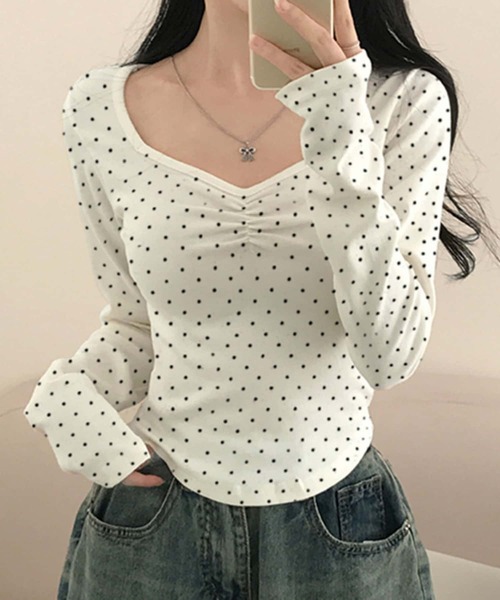MAISON DE THERESE(メゾン ド テレーズ)の「ドット水玉柄Vネック長袖Tシャツ ロン T(Tシャツ/カットソー・レディース・グレー/ホワイト・M)」の4枚目の写真