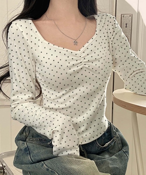 MAISON DE THERESE(メゾン ド テレーズ)の「ドット水玉柄Vネック長袖Tシャツ ロン T(Tシャツ/カットソー・レディース・グレー/ホワイト・M)」の5枚目の写真