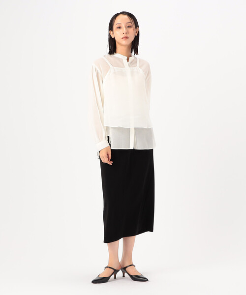 Gabardine K.T(ギャバジンケーティー)の「〔 +サイズ 〕 【ツインセット】コットン和紙シアー平織り シアージレ×ブラウス(シャツ/ブラウス・レディース・オフホワイト/ライトグレー・13号)」の3枚目の写真