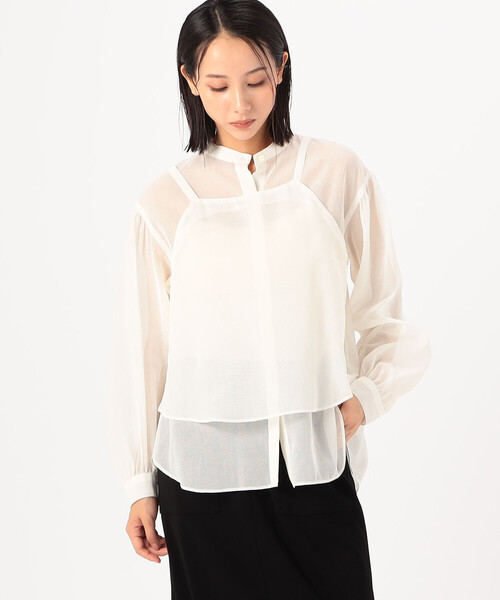 Gabardine K.T(ギャバジンケーティー)の「〔 +サイズ 〕 【ツインセット】コットン和紙シアー平織り シアージレ×ブラウス(シャツ/ブラウス・レディース・オフホワイト/ライトグレー・13号)」の6枚目の写真