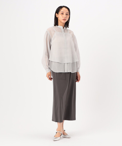 Gabardine K.T(ギャバジンケーティー)の「〔 +サイズ 〕 【ツインセット】コットン和紙シアー平織り シアージレ×ブラウス(シャツ/ブラウス・レディース・オフホワイト/ライトグレー・13号)」の7枚目の写真