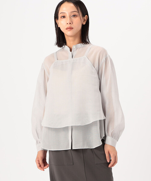 Gabardine K.T(ギャバジンケーティー)の「〔 +サイズ 〕 【ツインセット】コットン和紙シアー平織り シアージレ×ブラウス(シャツ/ブラウス・レディース・オフホワイト/ライトグレー・13号)」の8枚目の写真