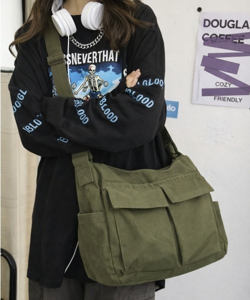 セール】11D67-MZ マルチポケット キャンバス ショルダーバッグ