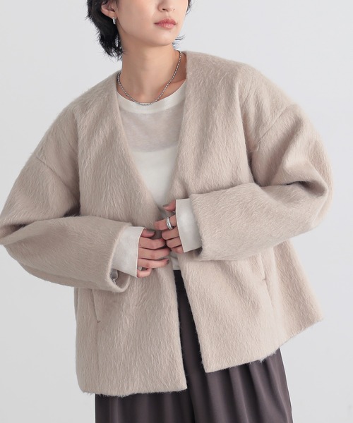 for/c（フォーシー）の「シャギーVネックブルゾン【サスティナブル】（ノーカラージャケット・レディース・グレー/ベージュ・L/M）」の3枚目の写真