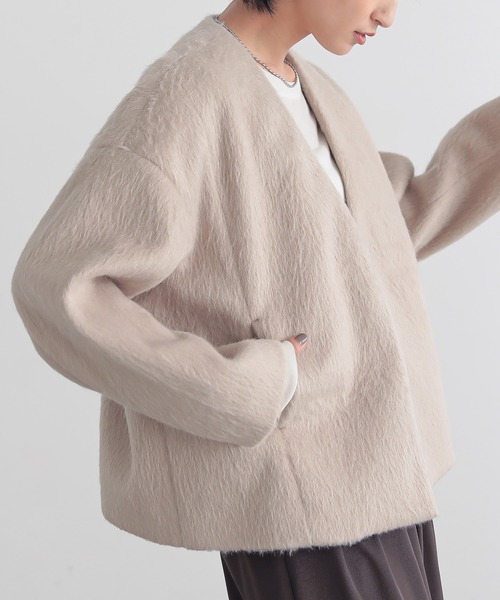 for/c（フォーシー）の「シャギーVネックブルゾン【サスティナブル】（ノーカラージャケット・レディース・グレー/ベージュ・L/M）」の5枚目の写真
