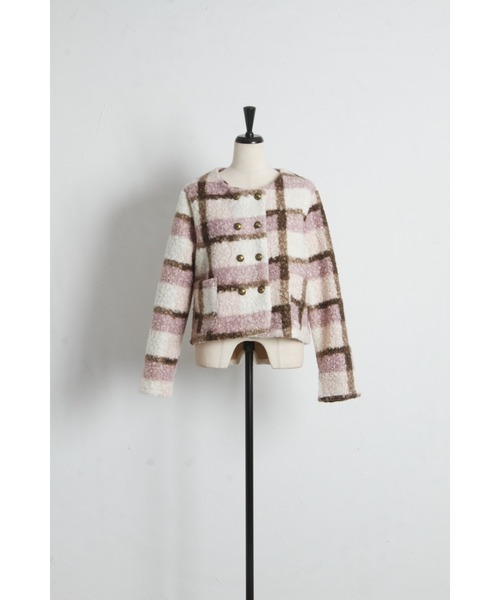 tocco closet（トッコ　クローゼット）の「【ZOZO限定】チェックボアノーカラーショートコート（ノーカラーコート・レディース・グレー/ピンク/モカ・M）」の6枚目の写真