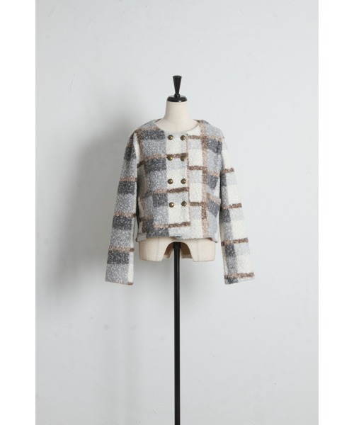 tocco closet（トッコ　クローゼット）の「【ZOZO限定】チェックボアノーカラーショートコート（ノーカラーコート・レディース・グレー/ピンク/モカ・M）」の5枚目の写真