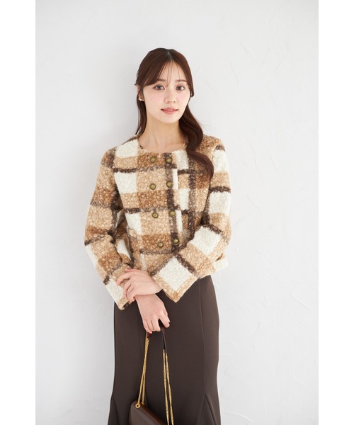 tocco closet（トッコ　クローゼット）の「【ZOZO限定】チェックボアノーカラーショートコート（ノーカラーコート・レディース・グレー/ピンク/モカ・M）」の20枚目の写真