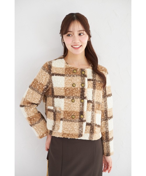 tocco closet（トッコ　クローゼット）の「【ZOZO限定】チェックボアノーカラーショートコート（ノーカラーコート・レディース・グレー/ピンク/モカ・M）」の19枚目の写真