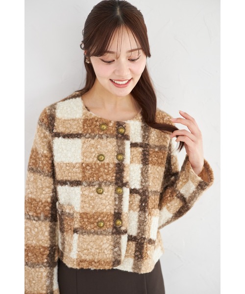 tocco closet（トッコ　クローゼット）の「【ZOZO限定】チェックボアノーカラーショートコート（ノーカラーコート・レディース・グレー/ピンク/モカ・M）」の18枚目の写真