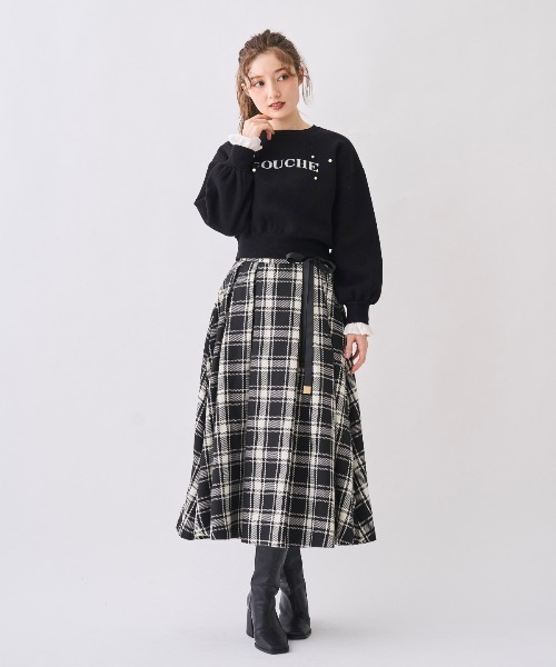 SWINGLE（スウィングル）の「リボンベルト付きチェックフレアスカート（スカート・レディース・ホワイト系その他6/ブラック系その他5・SMALL/MEDIUM）」の2枚目の写真