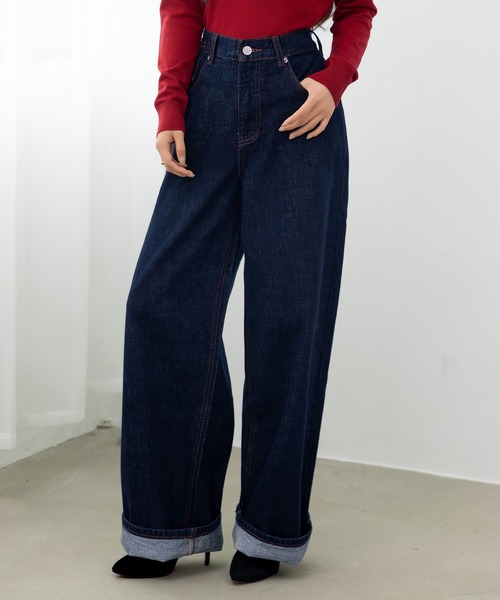 DAY CLOSET(デイ クローゼット)の「【2WAYロールアップ】バックタグワンポイント ビビッド カラー ステッチ ストレート デニムパンツ レディース(デニムパンツ・レディース・インディゴブルー・M/L/S)」の3枚目の写真