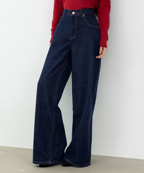 DAY CLOSET(デイ クローゼット)の「【2WAYロールアップ】バックタグワンポイント ビビッド カラー ステッチ ストレート デニムパンツ レディース(デニムパンツ・レディース・インディゴブルー・M/L/S)」の4枚目の写真