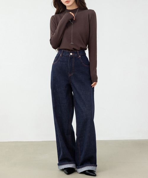 DAY CLOSET(デイ クローゼット)の「【2WAYロールアップ】バックタグワンポイント ビビッド カラー ステッチ ストレート デニムパンツ レディース(デニムパンツ・レディース・インディゴブルー・M/L/S)」の6枚目の写真