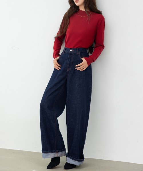 DAY CLOSET(デイ クローゼット)の「【2WAYロールアップ】バックタグワンポイント ビビッド カラー ステッチ ストレート デニムパンツ レディース(デニムパンツ・レディース・インディゴブルー・M/L/S)」の7枚目の写真