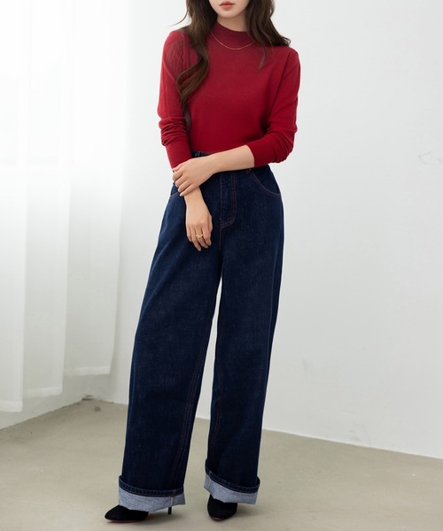 DAY CLOSET(デイ クローゼット)の「【2WAYロールアップ】バックタグワンポイント ビビッド カラー ステッチ ストレート デニムパンツ レディース(デニムパンツ・レディース・インディゴブルー・M/L/S)」の8枚目の写真
