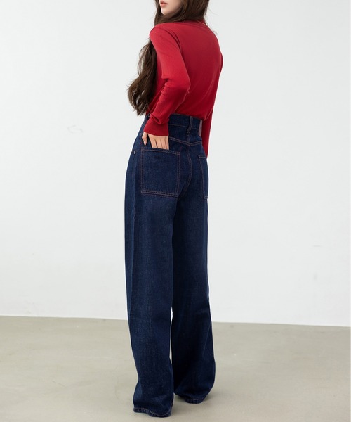 DAY CLOSET(デイ クローゼット)の「【2WAYロールアップ】バックタグワンポイント ビビッド カラー ステッチ ストレート デニムパンツ レディース(デニムパンツ・レディース・インディゴブルー・M/L/S)」の9枚目の写真