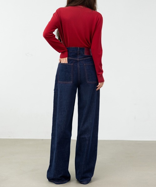 DAY CLOSET(デイ クローゼット)の「【2WAYロールアップ】バックタグワンポイント ビビッド カラー ステッチ ストレート デニムパンツ レディース(デニムパンツ・レディース・インディゴブルー・M/L/S)」の10枚目の写真