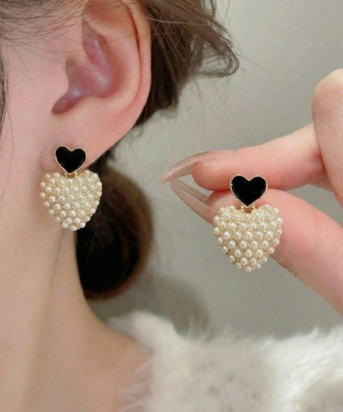 ブラックハート×パールハート ピアス（両耳用）（ピアス（両耳用