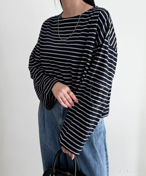 fredy emue(フレディエミュ)の「【人気商品の新型】ボーダーハートステッチルーズロンTシャツ(Tシャツ/カットソー・レディース・ホワイト系その他/ブラック系その他/ピンク系その他/イエロー系その他・38)」の2枚目の写真