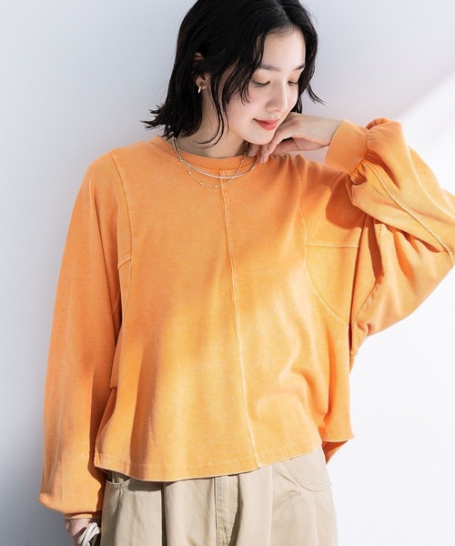 Green Parks(グリーンパークス)の「ヴィンテージ加工ドルマンカットプルオーバー(Tシャツ/カットソー・レディース・チャコールグレー/ベージュ/オレンジ・FREE)」の3枚目の写真